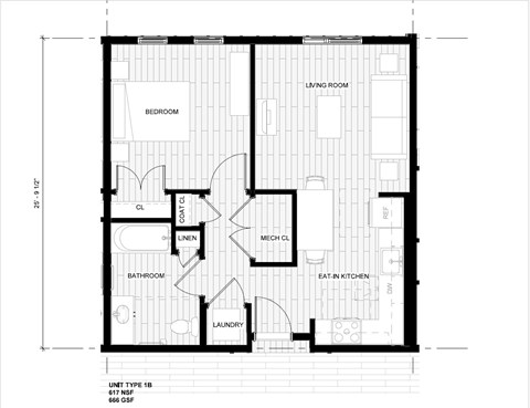 1 bed 1 bath floorplan at 36N Apartments, Tulsa, 74106